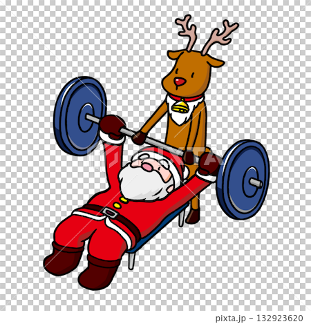 クリスマスに向けて、トナカイとトレーニングをするサンタクロース クリスマスに向けて、トナカイとトレーニングをするサンタクロース 132923620