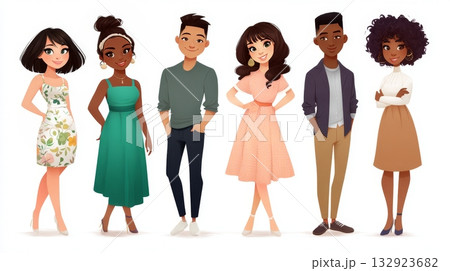 Diverse group of young characters in casual and formal attire 132923682