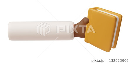 A 3D hand with dark skin and a white sleeve holds a closed book with a yellow cover. A 3D hand with dark skin and a white sleeve holds a closed book with a yellow cover. 132923903