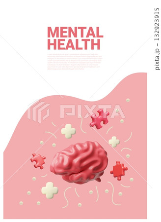 3D poster with a brain, puzzle pieces, and a plus sign on a pink background. 132923915
