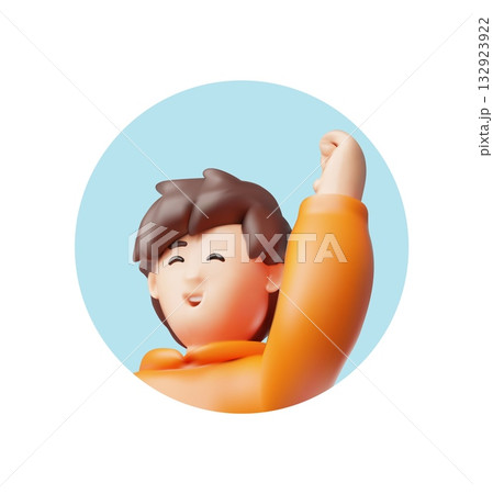 A 3D boy in an orange hoodie, happily raising his hand, circle frame on a blue background, close-up 132923922