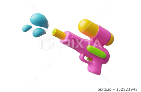 3D bright pink water gun with splashes of water drops, children's toy, entertainment. 3D bright pink water gun with splashes of water drops, children's toy, entertainment. 132923945