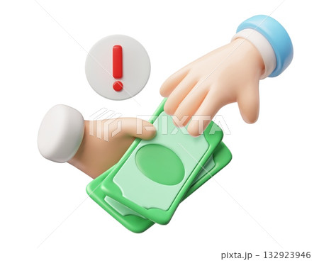 3D icon of a hand passing paper money to another with an exclamation point. 132923946