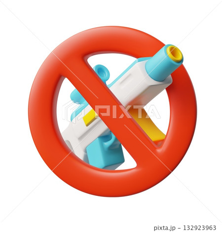 Laser tag gun with stop red sign 3D cartoon vector icon, forbidden ray shotgun, prohibited game weapon blaster toy 132923963