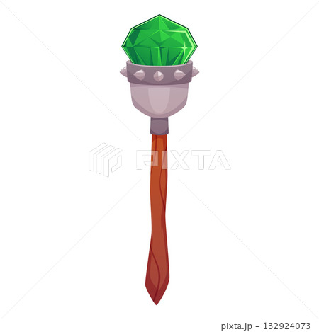 A torch with a long wooden handle, a metal bowl, and a green round crystal. 132924073
