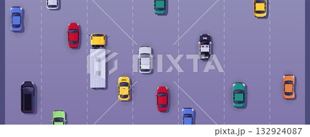 Multi-lane road, aerial view, road markings, brightly colored moving cars. Multi-lane road, aerial view, road markings, brightly colored moving cars. 132924087