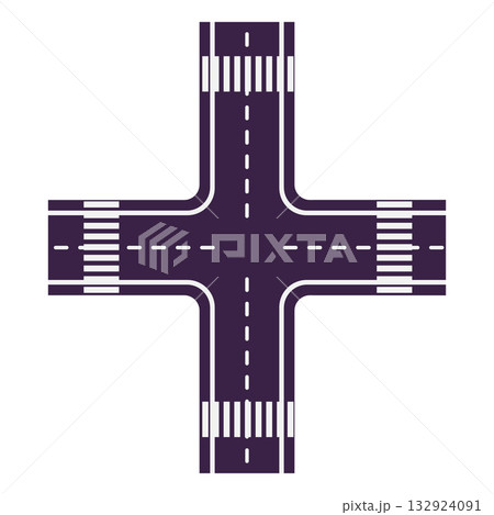 Road intersection with markings and pedestrian crossings, top view. Road intersection with markings and pedestrian crossings, top view. 132924091