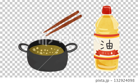 沙拉油塑膠瓶和煎鍋套裝。水彩風格手繪向量圖 沙拉油塑膠瓶和煎鍋套裝。水彩風格手繪向量圖 132924098