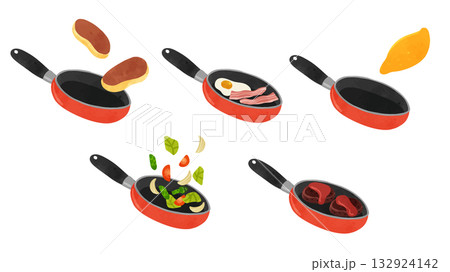 オレンジ色のフライパン5種類　水彩風手描きベクターイラスト 132924142