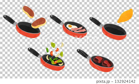 オレンジ色のフライパン5種類　水彩風手描きベクターイラスト 132924142