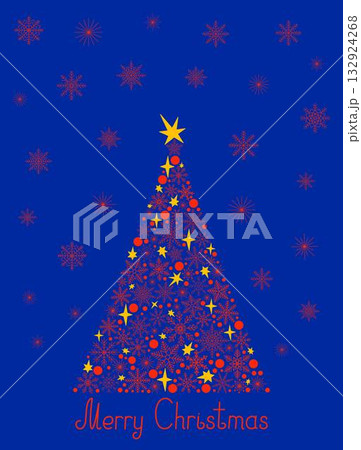 Merry Christmas holiday celebration template for greeting card, poster, banner, invitation, tree of snowflakes, night sky, stars on snowy winter night background season's greeting festive simple decor 132924268