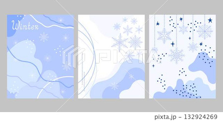 Winter holiday festive templates set, abstract backgrounds with snowflakes, stars, flowing shapes in blue tone. Simple seasonal design for Merry Christmas, Happy New Year greeting card, poster, banner Winter holiday festive templates set, abstract backgrounds with snowflakes, stars, flowing shapes in blue tone. Simple seasonal design for Merry Christmas, Happy New Year greeting card, poster, banner 132924269