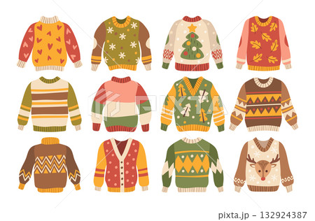 Warm knitted and woolen sweaters set with trendy fashion winter autumn prints and Christmas patterns Warm knitted and woolen sweaters set with trendy fashion winter autumn prints and Christmas patterns 132924387