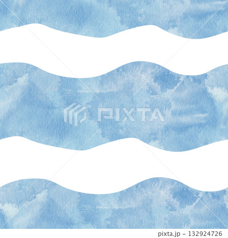 Abstract watercolor seamless pattern with blue waves. Marine theme, air, water. White background, for packaging, wallpaper, printing 132924726