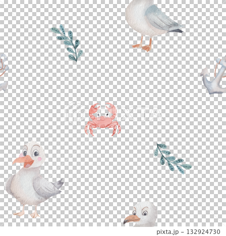 Whimsical kids nautical seamless pattern with friendly seagull, crab, anchor and green seaweed. Character watercolor illustration on white background. Cheerful design for children room decor, fabric Whimsical kids nautical seamless pattern with friendly seagull, crab, anchor and green seaweed. Character watercolor illustration on white background. Cheerful design for children room decor, fabric 132924730