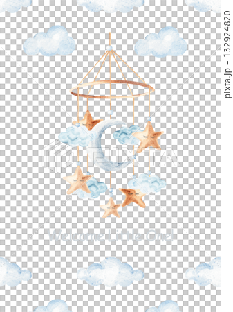 Watercolor baby shower invitation for a baby boy or girl. Newborn cradle Mobile with moon, clouds and stars. Gentle newborn template for welcome or birthday party Watercolor baby shower invitation for a baby boy or girl. Newborn cradle Mobile with moon, clouds and stars. Gentle newborn template for welcome or birthday party 132924820