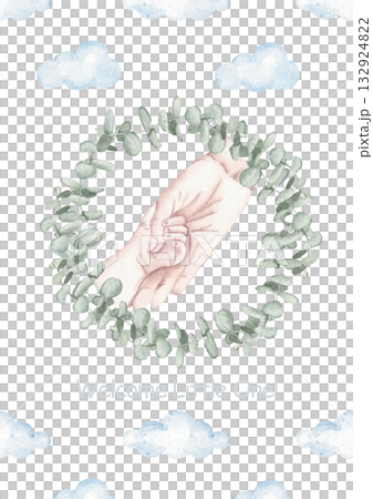 Watercolor baby shower invitation for a baby boy or girl with Mother and Newborn Baby Hands in eucalyptus wreath, and clouds. Gentle newborn template for welcome or birth party, conformation 132924822