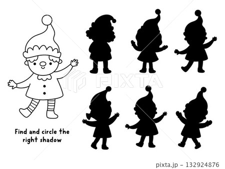 Christmas village black and white shadow matching activity with cute elf. Winter holiday line puzzle. New Year find correct silhouette printable worksheet, game, coloring page 132924876
