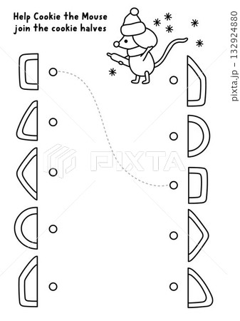 Christmas village black and white matching and shape recognition activity with mouse, gingerbread cookies. Winter holiday line puzzle with biscuit halves. New Year worksheet, coloring page Christmas village black and white matching and shape recognition activity with mouse, gingerbread cookies. Winter holiday line puzzle with biscuit halves. New Year worksheet, coloring page 132924880