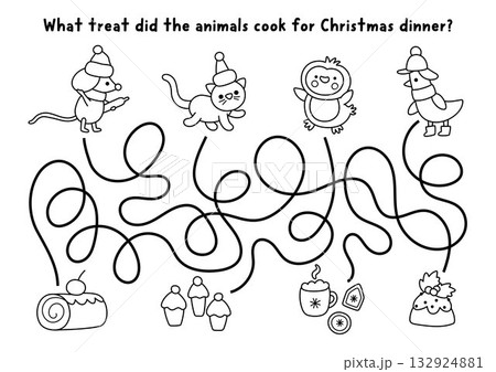 Christmas village black and white maze with cute animals cooking treats for dinner. Line labyrinth game with mouse, cat, goose, penguin. Winter holiday printable activity, worksheet, coloring page 132924881