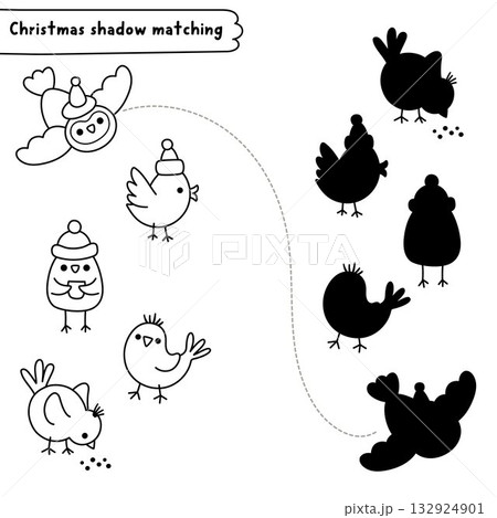 Christmas village black and white shadow matching activity with birds. Winter holiday line puzzle. New Year square find correct silhouette printable worksheet, game, coloring page Christmas village black and white shadow matching activity with birds. Winter holiday line puzzle. New Year square find correct silhouette printable worksheet, game, coloring page 132924901