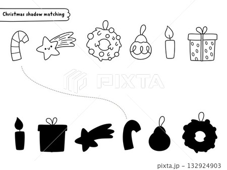Christmas village black and white shadow matching activity with candy cane, star, wreath. Winter holiday line puzzle. New Year find correct silhouette worksheet, game, coloring page Christmas village black and white shadow matching activity with candy cane, star, wreath. Winter holiday line puzzle. New Year find correct silhouette worksheet, game, coloring page 132924903
