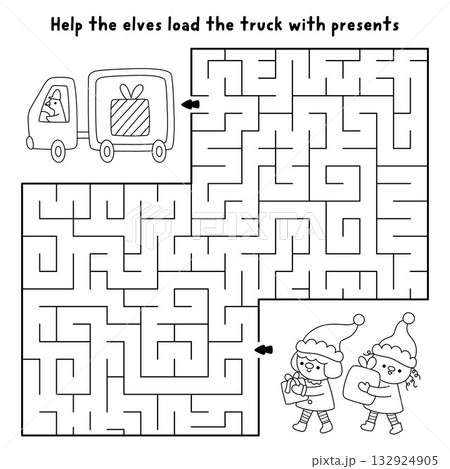 Christmas village black and white geometrical maze with elf loading truck with presents. Labyrinth game with dwarf, delivery car, gift. Winter holiday line printable activity, worksheet, coloring 132924905