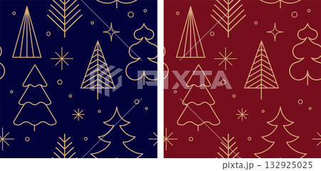 Seamless winter background pattern with linear Christmas trees and snowflakes. 132925025