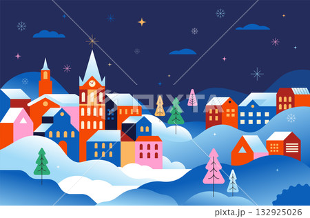 Winter town colorful geometric Christmas background. Winter town colorful geometric Christmas background. 132925026