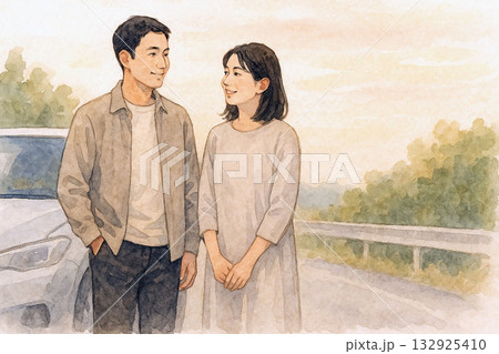 AI-generated｜日本人カップルのドライブ出発前 132925410