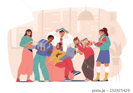 Creative students studying as team enjoying education fun and nice collaboration cartoon scene 132925429