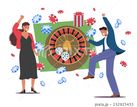 Man and woman characters rejoicing win playing gambling casino roulette celebrating success 132925433