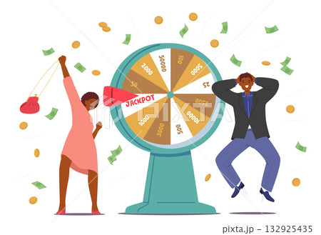 Happy excited people enjoying spin-to-win event playing lucky wheel celebrating gambling prize 132925435