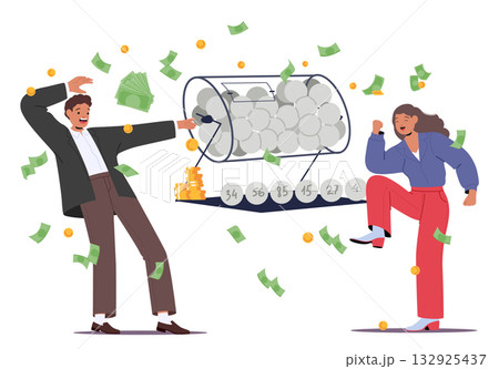 Happy man and woman cartoon character under money rain rejoicing winning in bingo balls lottery game 132925437