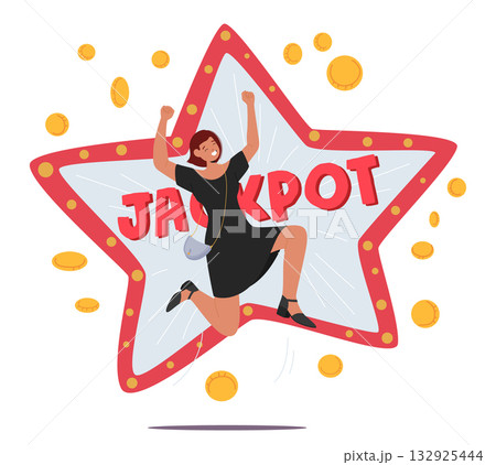 Young woman cartoon character rejoicing getting jackpot big financial prize isolated on white 132925444
