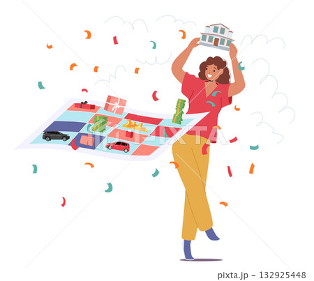 Happy woman cartoon character celebrating luck and victory after successful monopoly board game Happy woman cartoon character celebrating luck and victory after successful monopoly board game 132925448