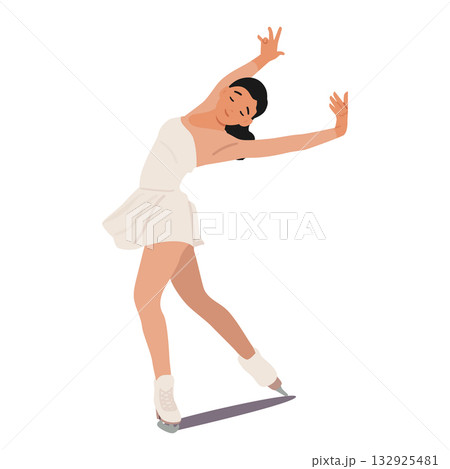 Attractive woman figure ice-skating cartoon character gracefully performing on ice isolated on white 132925481