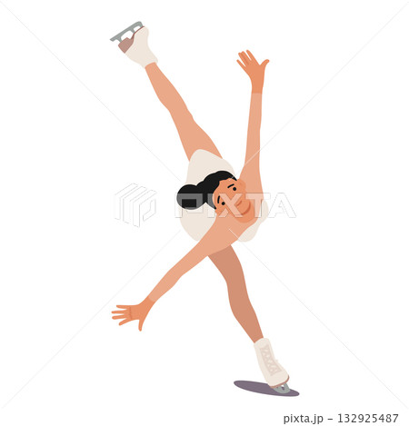 Dynamic professional talented female figure skater in motion sliding on one leg on ice arena 132925487