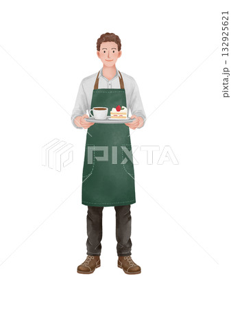 笑顔で接客する男性カフェ店員のイラスト 132925621