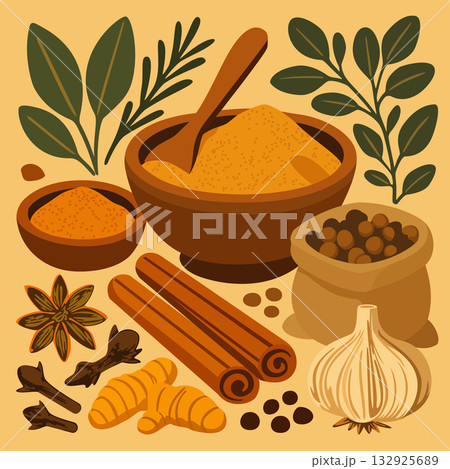 Assortment of aromatic spices and fragrant herbs. Vector set Assortment of aromatic spices and fragrant herbs. Vector set 132925689