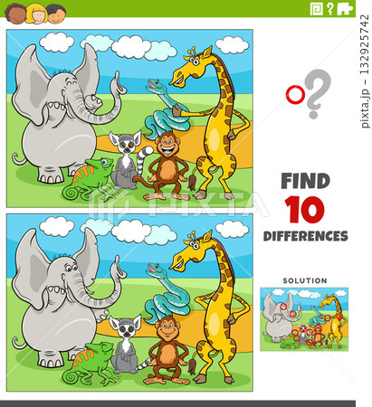 differences game with funny cartoon wild animals group 132925742