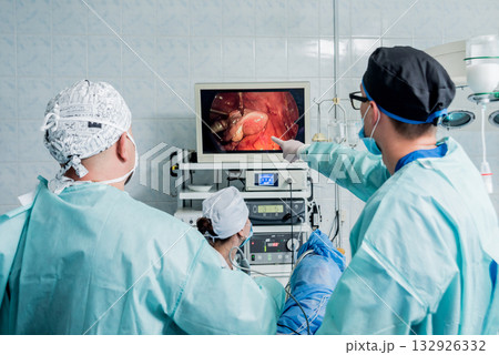 Process of gynecological surgery operation using laparoscopic equipment.  132926332