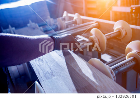 Carpenter with fibreboards at furniture factory workshop. Woodworking industry Carpenter with fibreboards at furniture factory workshop. Woodworking industry 132926501