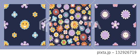 Groovy retro style seamless pattern with cute flower and daisy cartoon set. Colorful smiley happy floral background creates a cheerful y2k mood and playful wallpaper. 132926719