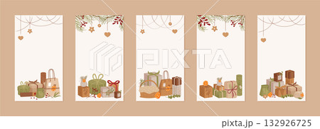 Kraft gift box bundle in flat green style. Present and package set with ribbon and bow, rustic collection for xmas decor. Vertical design, modern graphic for festive concept. Kraft gift box bundle in flat green style. Present and package set with ribbon and bow, rustic collection for xmas decor. Vertical design, modern graphic for festive concept. 132926725