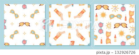 Flat style seamless pattern with sunscreen bottle and sunblock tube shapes. Sunglasses, spray and sun details add to the summer background. Lotion, cream spf bottle appear as repeating product Flat style seamless pattern with sunscreen bottle and sunblock tube shapes. Sunglasses, spray and sun details add to the summer background. Lotion, cream spf bottle appear as repeating product 132926726