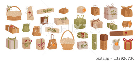 Set of vintage kraft gift box in brown flat design style. Eco package present and ribbon in xmas graphic set for holiday and surprise. Modern decorative product collection. 132926730