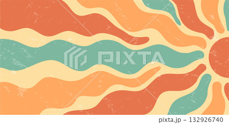 Retro groovy sun burst abstract background with orange and yellow wave shapes. Grunge sunshine style and y2k color blend form bold retro mood. Horizontal pattern for creative summer visuals. Retro groovy sun burst abstract background with orange and yellow wave shapes. Grunge sunshine style and y2k color blend form bold retro mood. Horizontal pattern for creative summer visuals. 132926740