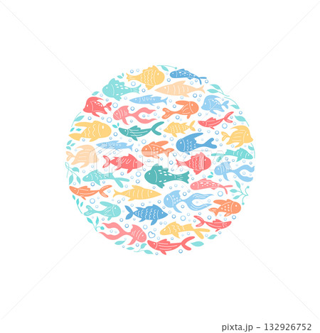 Round cartoon underwater concept with vibrant fish school sticker. Marine life in circular aquatic design creates an ocean pattern. Seamless sea circle with swimming creatures. 132926752
