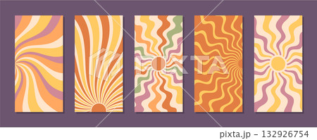 Retro groovy sun burst pattern set with wavy background, swirl and wave effect in orange and yellow. Y2k aesthetic combines sunshine sun shapes for a graphic with an energetic, modern vertical Retro groovy sun burst pattern set with wavy background, swirl and wave effect in orange and yellow. Y2k aesthetic combines sunshine sun shapes for a graphic with an energetic, modern vertical 132926754